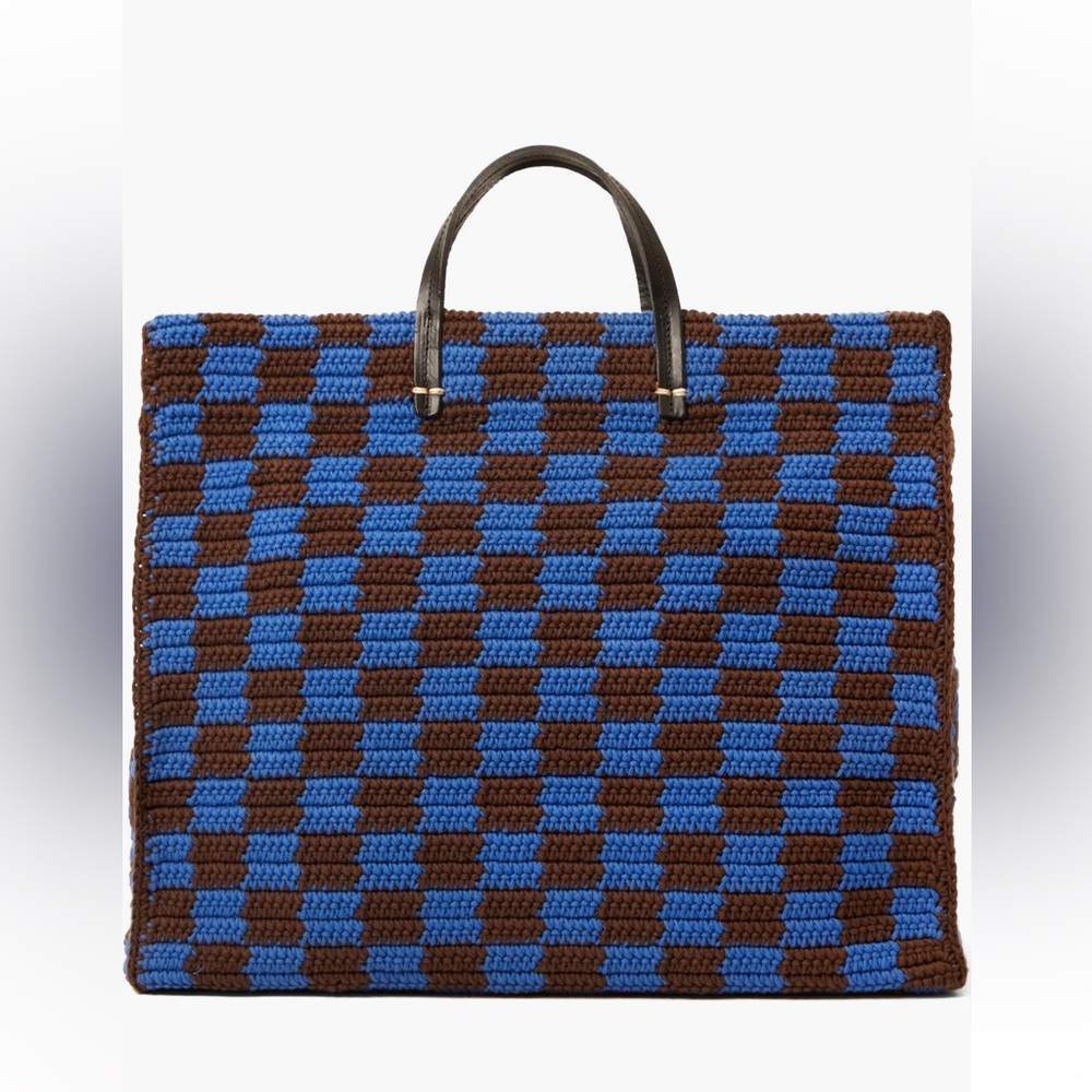 Clare V Summer Simple Crochet Tote Blue Brown Checker Woven Bag NWT